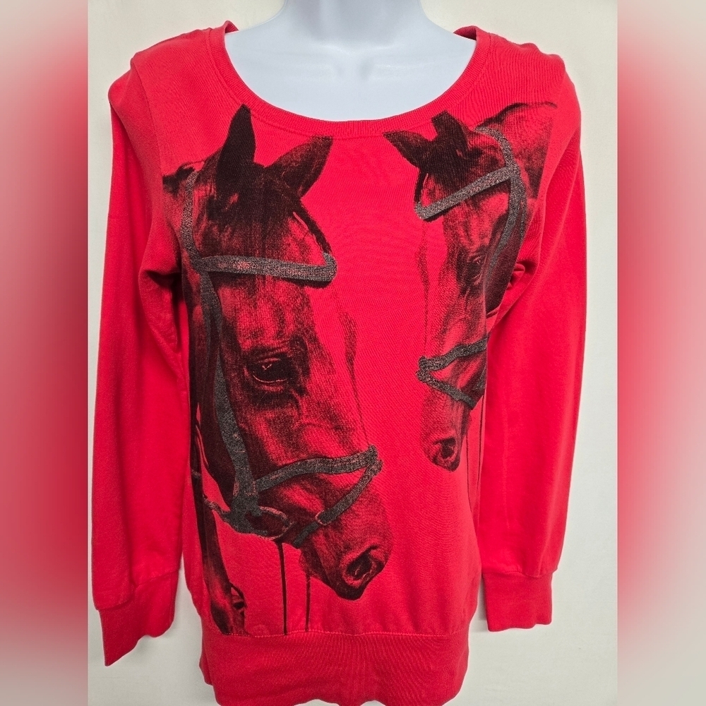 H&M S Woman Long Sleeve Pullover Top Horses Red 100% Cotton
